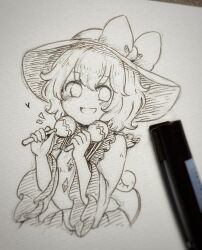 Rule 34 | 1girl, art tools in frame, blush, bow, buttons, commentary request, diamond button, eyeball, frilled shirt collar, frilled sleeves, frills, hat, hat bow, highres, holding, holding instrument, instrument, instrument request, komeiji koishi, long sleeves, looking at viewer, open mouth, photo (medium), shiro tsugumi, skirt, smile, solo, third eye, touhou, traditional media, wide sleeves