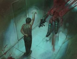 2boys absurdres arm_up blood brain commentary door english_commentary exposed_brain full_body guro hallway highres holding holding_weapon indoors jerma985 jerma985_(person) legion_(tv_series) male_focus marvel mkdouma6 multiple_boys pants scp_foundation shirt sleeveless sleeveless_shirt standing weapon x-men x-men_film_series