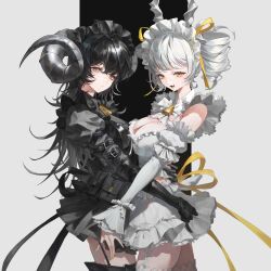 2girls absurdres arm_belt bell belt black_belt black_dress black_gloves black_hair black_horns breasts cleavage closed_mouth colored_tongue commentary cowboy_shot crossed_bangs curled_horns detached_sleeves doksa dress drill_hair english_commentary fang fingernails frilled_dress frills from_side garter_straps gloves goat_horns hair_between_eyes hand_on_another&#039;s_back highres horizontal_pupils horns juliet_sleeves large_breasts long_hair long_sleeves looking_at_viewer maid_headdress mole mole_on_breast mole_under_mouth multiple_girls nail_polish neck_bell open_mouth original pouch puffy_sleeves sharp_fingernails short_dress skin_fang smile standing very_long_fingernails very_long_hair white_dress white_hair white_horns white_sleeves yellow_eyes yellow_nails yellow_tongue
