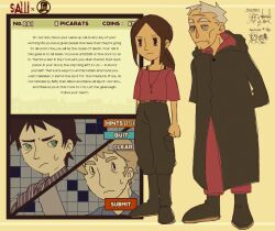 1girl 3boys belt black_hair boots brown_hair closed_mouth crossover english_text facial_hair green_eyes grey_hair highres jewelry jigsaw_(character) john_kramer long_hair multiple_boys necklace old old_man pants ponytail professor_layton puzzle saw_(movie) shirt short_hair sweatdrop white_hair