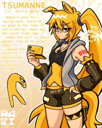 1girl absurdres akita_neru animal_ears antenna_hair bandaid bandaid_on_face bandaid_on_nose bare_shoulders black_shorts black_tank_top blonde_hair blue_choker blue_hairband breasts character_name character_profile choker cleavage closed_mouth commentary cowboy_shot dark-skinned_female dark_skin detached_sleeves dog_tags dot_mouth english_commentary english_text frills grey_hoodie hairband hand_in_pocket handheld_game_console highres hood hoodie horse_ears horse_girl horse_race_tests horse_tail logo long_hair long_sleeves looking_at_viewer navel nintendo_3ds nyapurrlitan raised_eyebrow shorts side_ponytail sleeveless sleeveless_hoodie small_breasts solo tail tank_top tattoo thigh_strap twitter_username two-tone_tank_top umamusume very_long_hair vocaloid yellow_eyes yellow_tail yellow_tank_top yellow_trim
