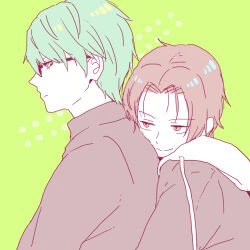 2boys black-framed_eyewear black_eyes black_hair black_jacket chako_(15_01417) closed_mouth collared_jacket expressionless flat_color glasses green_background green_hair hair_between_eyes halftone halftone_background happy height_difference hood hood_down hoodie hug hug_from_behind jacket kuroko_no_basuke long_sleeves looking_at_another looking_back lowres male_focus midorima_shintarou multiple_boys parted_bangs short_hair takao_kazunari upper_body white_hoodie yaoi