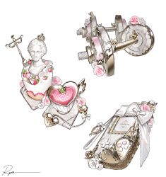 artist_name bust_(sculpture) cake commentary cup dumbbell flower food fork fruit game_boy handheld_game_console highres jewelry locket no_humans original pendant pink_flower pink_rose ribbon rose ryota_(ry_o_ta) simple_background strawberry symbol-only_commentary tea teacup white_background white_flower white_ribbon white_rose
