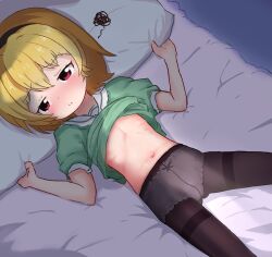 1girl aged_down black_thighhighs blonde_hair blush bow bow_panties breasts female_focus grabbing higurashi_no_naku_koro_ni houjou_satoko kommandoh loli looking_to_the_side navel nipples nose panties red_eyes shirt short_hair small_breasts solo t-shirt thighhighs underwear white_panties