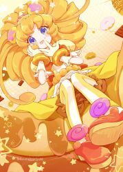 bear bloomers blue_eyes donut food gloves hands_on_own_face hat highres looking_at_viewer mahou_girls_precure! mini_hat mini_witch_hat mofurun_(mahou_girls_precure!) orange_hair precure puffy_short_sleeves puffy_sleeves short_sleeves sitting star_(symbol) star_in_eye sweets symbol_in_eye tongue tongue_out underwear wasabi_sankiro witch_hat yellow_arm_warmers yellow_bloomers