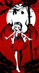 1girl armpit_crease artist_request aviator_cap aviator_goggles bare_arms bare_shoulders barefoot bird bow center_frills closed_mouth collarbone crow demon_wings dress flat_chest frills full_moon goggles goggles_on_head goggles_on_headwear highres looking_at_viewer monogatari_(series) moon non-web_source oshino_shinobu outstretched_arms plaid_clothes plaid_skirt red_dress red_eyes skirt source_request vampire white_hair wings