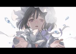 1girl absurdres aged_down alien_stage black_hair bonnet bow child chinese_commentary commentary_request dress highres letterboxed open_mouth outstretched_arms purple_eyes seppuku009 short_hair solo sua_(alien_stage) white_bonnet white_bow white_dress