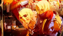 2boys absurdres ace_attorney apollo_justice:_ace_attorney arm_over_shoulder black_jacket blonde_hair blue_suit blurry brothers chain chain_necklace closed_eyes depth_of_field drill_hair eyewear_on_head fireworks formal_clothes fur-trimmed_jacket fur_trim hair_between_eyes hand_on_another&#039;s_wrist highres jacket jewelry klavier_gavin kristoph_gavin lanfengzheyu long_hair male_focus multiple_boys neck_ribbon necklace official_alternate_hair_length official_alternate_hairstyle pink_ribbon ribbon ring scarf semi-rimless_eyewear short_hair siblings side_drill suit sunglasses