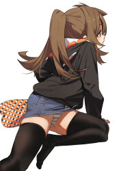 1girl black_jacket black_thighhighs blue_shorts brown_eyes brown_hair commentary_request fu-ta highres jacket long_hair long_sleeves original panties pantyshot shorts simple_background sitting solo striped_clothes striped_panties thighhighs underwear usami_taiga white_background white_panties