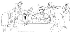 2girls 5boys absurdres catherine_(project_moon) chest_hair clapping closed_eyes collared_shirt greyscale heathcliff_(project_moon) highres hindley_(project_moon) id_card jacket lapels laughing limbus_company linton_(project_moon) long_hair maid_headdress mask matt_(project_moon) monochrome multiple_boys multiple_girls necktie nelly_(project_moon) notched_lapels open_mouth ponytail project_moon rabbit_mask researcher_of_the_ring shirt sidelocks smile vomiting_blood yatsumeunagi