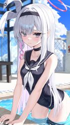 1girl absurdres black_choker black_eyes black_hairband black_one-piece_swimsuit black_sailor_collar blue_archive blue_sky blush braid breasts choker cloud colored_inner_hair commentary_request hair_over_one_eye hairband halo highres kurone_(kurone_ryuo) loli long_hair looking_at_viewer multicolored_hair neckerchief one-piece_swimsuit outdoors pink_hair pink_halo plana_(blue_archive) pool red_pupils ribbon sailor_collar single_braid sky small_breasts solo swimsuit very_long_hair wading water wet white_hair white_neckerchief white_ribbon