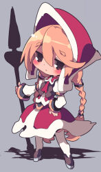 1girl blonde_hair blush bonnet braid chibi closed_mouth coat cordelia_(saga) dangomushi dress full_body long_hair long_sleeves looking_at_viewer polearm puffy_sleeves saga saga_frontier_2 simple_background skirt solo thighhighs twin_braids weapon white_thighhighs