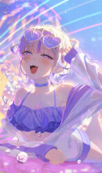 Rule 34 | 1girl, bikini, blonde hair, blush, breasts, choker, eyewear on head, frilled bikini, frills, heart, heart-shaped eyewear, highres, hololive, hololive dev is, looking at viewer, lying, multicolored hair, on stomach, purple bikini, purple choker, purple eyes, purple hair, short hair, small breasts, smile, solo, streaked hair, sunglasses, swimsuit, todoroki hajime, two side up, virtual youtuber, yusha (lv1 yusha 522)