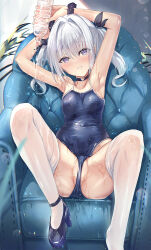1girl arm_up armpits arms_behind_head bare_shoulders black_choker black_ribbon blue_one-piece_swimsuit blush bottle breasts cameltoe chair choker covered_erect_nipples covered_navel hair_ornament hair_ribbon high_heels holding holding_bottle inoue_takuya_(tactactak) looking_at_viewer navel one-piece_swimsuit open_mouth original purple_eyes pussy_juice ribbon sitting small_breasts smile solo stomach swimsuit teeth thighhighs thighs water_bottle wet wet_clothes white_hair white_thighhighs xenoblade_chronicles_(series) xenoblade_chronicles_2