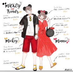 1boy 1girl bow brown_hair commentary_request couple dress fashion humanization long_hair looking_at_viewer meecosme mickey_mouse mickey_mouse_&amp;_friends minnie_mouse open_mouth pantyhose sandals short_hair skirt smile translation_request