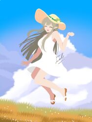 1girl arknights blue_sky brown_hair closed_eyes cloud cloudy_sky dress elf famikaito flower flower_ornament grasslands hat highres jumping mole mole_under_eye muelsyse_(arknights) pointy_ears sandals sky sun_hat white_dress