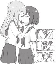 2girls anger_vein blush chibikki closed_eyes commentary english_commentary grabbing_another&#039;s_breast groping highres kiss long_hair multiple_girls neckerchief original pleated_skirt sailor_collar school_uniform serafuku short_hair short_sleeves skirt twintails yuri