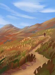 Rule 34 | 1other, atmospheric perspective, blue sky, day, field, from behind, full body, mountainous horizon, original, outdoors, painterly, path, road, scenery, sky, walking, zandra