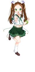 1girl :d arched_bangs arm_scrunchie brown_hair feather_hair_ornament feathers forehead full_body green_eyes green_ribbon green_scrunchie green_skirt hair_ornament highres jozankei_izumi kneehighs leg_up loafers long_hair loose_socks midriff navel neck_ribbon official_art onsen_musume open_mouth outstretched_hand ribbon ribbon-trimmed_shirt ribbon_trim school_uniform scrunchie serafuku shirt shoes short_bangs simple_background skirt smile socks solo standing standing_on_one_leg tachi-e tousaki_shiina twintails v white_background white_shirt white_socks wrist_scrunchie
