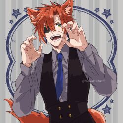 1boy animal_ears black_vest blue_necktie cat_ears cat_tail collared_shirt d.gray-man earrings eyepatch green_eyes grey_background grey_shirt hair_between_eyes hakahata18 hand_up highres hoop_earrings jewelry lavi long_sleeves looking_at_viewer male_focus messy_hair necktie one_eye_covered open_mouth red_hair shirt short_hair sidelocks signature smile solo star_(symbol) striped_background tail twitter_username vertical-striped_background vest waistband
