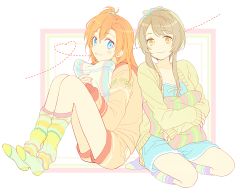 10s 2girls blue_eyes brown_hair hair_ribbon karuha kneehighs kosaka_honoka long_hair love_live! love_live!_school_idol_project minami_kotori multicolored_stripes multiple_girls hugging_object orange_hair pillow pillow_hug ribbon scrunchie shorts side_ponytail smile socks striped yellow_eyes