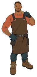 1boy arm_hair belt boots brown_hair coral_island facial_hair gloves hammer hand_on_own_hip highres leather_apron long_sleeves male_focus mr_kasuy rafael_(coral_island) short_hair solo_focus
