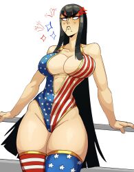 1girl american_flag american_flag_bikini american_flag_legwear american_flag_print american_flag_swimsuit anger_vein angry annoyed bare_shoulders bikini black_hair blue_eyes blush boots breasts cleavage cupperexe fireworks flag_print flag_print_bikini fourth_of_july gold_trim highres july kill_la_kill kiryuuin_satsuki large_breasts long_hair looking_at_viewer navel print_bikini print_swimsuit revealing_clothes sidelocks simple_background solo star_(symbol) star_print striped_clothes swimsuit thick_eyebrows thigh_boots thighhighs white_background