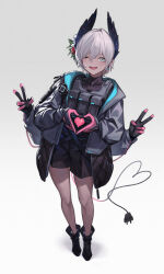 Rule 34 | 1girl, ;d, ammunition pouch, arknights, black boots, black feathers, black gloves, black shorts, black undershirt, blush, boots, bulletproof vest, chinese commentary, commentary request, covered collarbone, dark-skinned female, dark skin, double-parted bangs, double v, earrings, electric plug, electric plug tail, extra arms, feather hair, feathers, flower, from above, full body, gloves, gradient background, grey background, grey eyes, grey hair, grey jacket, grey tail, hair between eyes, hair flower, hair ornament, heart, heart hands, highres, jacket, jewelry, knees, load bearing vest, long sleeves, looking at viewer, nian (zhanian), one eye closed, open clothes, open jacket, open mouth, pink gloves, pink tail, pixel heart, pixelated, pixie cut, pouch, quilted clothes, quilted jacket, raidian (arknights), shadow, short hair, short shorts, shorts, simple background, smile, solo, standing, tail, turtleneck, two-sided fabric, two-sided jacket, two-tone gloves, two-tone tail, v, very short hair, white background