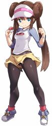 1girl blue_eyes blue_shoes blush breasts brown_hair brown_pantyhose cameltoe closed_mouth covered_navel creatures_(company) double_bun full_body game_freak hair_between_eyes hair_bun hat highres holding holding_poke_ball karukan_(monjya) long_hair long_sleeves looking_at_viewer medium_breasts nintendo pantyhose pantyhose_under_shorts poke_ball poke_ball_(basic) pokemon pokemon_bw2 raglan_sleeves revision rosa_(pokemon) shirt shoes shorts simple_background smile solo standing twintails upshorts vagina_visible_through_clothing very_long_hair visor_cap white_background white_hat white_shirt yellow_shorts