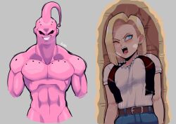 Rule 34 | 1boy, 1girl, android 18, antennae, bead necklace, beads, black sclera, black vest, blonde hair, blue eyes, breasts, butter sugoi, colored sclera, colored skin, commentary, covered erect nipples, dragon ball, dragonball z, earrings, evil grin, evil smile, grey background, grin, highres, jewelry, large breasts, majin buu, motion lines, necklace, one eye closed, open mouth, pectorals, pink skin, red eyes, signature, smile, super buu, vest