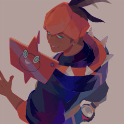 1boy absurdres arm_up armband black_hair blue_eyes blue_hoodie brown_background commentary cowboy_shot creatures_(company) dark-skinned_male dark_skin earrings english_commentary game_freak gen_4_pokemon grin highres holding holding_poke_ball hood hood_down hoodie jewelry looking_to_the_side male_focus nintendo piercing poke_ball poke_ball_(basic) pokemon pokemon_(creature) pokemon_swsh raihan_(pokemon) rotom rotom_phone sideburns sideways_glance simple_background smile solo standing stud_earrings teeth vonnabeee