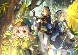 3girls absurdres alternate_costume barbara_(genshin_impact) belt black_gloves blonde_hair blue_eyes bow cape capelet fuzijo119 genshin_impact gloves green_hat hair_bow hat highres jean_(genshin_impact) klee_(genshin_impact) long_sleeves looking_ahead looking_to_the_side medium_hair multiple_girls open_mouth outdoors pants pantyhose pointy_ears ponytail red_eyes shirt siblings sisters skirt smile standing teeth twintails upper_teeth_only white_pants white_pantyhose