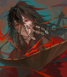 Rule 34 | 1boy, absurdres, artist name, bamboo slips, bandaged neck, bandages, bishounen, black hair, black hanfu, blood, blood spray, chinese clothes, chinese commentary, coat, coin, coin mask, coin on string, colored smoke, dao gui yi xian, echo bushi tian gou, fire, floating hair, glowing, glowing eye, hair between eyes, hair bun, hair ribbon, hanfu, highres, holed coin, li huowang, long hair, long sleeves, looking at viewer, male focus, mask, mouth veil, parted lips, red coat, red eyes, red ribbon, ribbon, scroll, single hair bun, smoke, solo, sword, sword on back, upper body, veil, weapon, weapon on back, wide sleeves