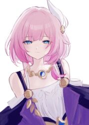 Rule 34 | 1girl, blue eyes, coat, cyrene (honkai: star rail), dress, hair ornament, hashtag-only commentary, highres, honkai: star rail, honkai (series), jewelry, looking at viewer, mochiumai29, necklace, pink hair, purple coat, simple background, smile, solo, twitter username, upper body, white background, white dress