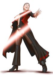 1girl blacksigma breasts breasts_out brown_eyes brown_hair curvy dress earrings female_focus formal_clothes gluteal_fold heel_up huge_breasts jewelry large_breasts lingerie long_sleeves open_clothes open_mouth panties pantyhose see-through_clothes shoes short_hair smile smiley_face standing suit the_king_of_fighters thick_thighs thighs underwear undressing vice_(kof) wide_hips
