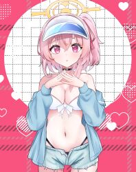 1girl bare_shoulders bikini blue_archive blush breasts halo highres jacket looking_at_viewer mcr_roggle navel open_mouth pink_eyes pink_hair serina_(blue_archive) short_shorts shorts side_ponytail sidelocks simple_background solo swimsuit white_background yellow_halo
