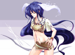 blue_hair bow_(weapon) head_wings hunter hunter_(ragnarok_online) long_hair midriff ragnarok_online skirt solo tsujimura_kasumi weapon wings