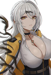 1girl absurdres ahoge belt black_choker blurry breasts choker commentary_request depth_of_field hair_ornament highres jacket jacket_on_shoulders large_breasts looking_at_viewer mole mole_on_breast parted_lips selcky simple_background solo upper_body white_background white_hair yellow_eyes yellow_jacket yixuan_(zenless_zone_zero) zenless_zone_zero