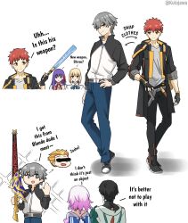 Rule 34 | ahoge, artoria pendragon (fate), black jacket, blonde hair, braid, braided bun, caelus (honkai: star rail), ea (fate), emiya shirou, fate/stay night, fate (series), gilgamesh (fate), green eyes, hair bun, hair ribbon, highres, honkai (series), jacket, kulojawa, matou sakura, multiple girls, open clothes, open jacket, purple eyes, purple hair, red ribbon, ribbon, saber (fate), seele (honkai: star rail), trailblazer (honkai: star rail), white jacket, wise (zenless zone zero)