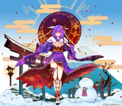 &gt;_&lt; 1girl 2013 :&gt; ;) animal_print aran_(sennen_sensou_aigis) awakening_(sennen_sensou_aigis) bird blue_background blush breasts bucket character_snowman cleavage cleavage_cutout clothing_cutout commentary company_name confetti copyright_notice crane_(animal) crescent_moon crescent_ornament crescent_print egasumi fan_print fence flower full_body fur-trimmed_kimono fur_trim gradient_background hair_flower hair_intakes hair_ornament halo highres holding holding_umbrella japanese_clothes kadomatsu kimono kneehighs lace lace-trimmed_kimono lace_trim lamppost leg_ribbon looking_at_viewer looking_to_the_side medium_hair moon mount_fuji new_year obi official_art oil-paper_umbrella omikuji one_eye_closed open_umbrella peach_blossom print_kimono purple_hair purple_kimono rabbit_print red_eyes red_flower red_umbrella ribbon sagara_riri sash sennen_sensou_aigis shoes smile snow snow_rabbit socks solo standing straight-on thigh_ribbon tied_omikuji torii tram_(sennen_sensou_aigis) umbrella white_background wide_sleeves wooden_bucket wooden_fence