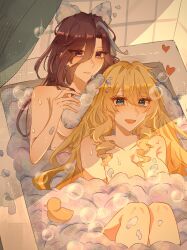 2girls absurdres bathtub blonde_hair blue_eyes blush breasts clorinde_(genshin_impact) closed_mouth commentary drill_hair genshin_impact heart highres komugi0204 large_breasts long_hair multiple_girls navia_(genshin_impact) nude open_mouth partially_submerged purple_eyes purple_hair same-sex_bathing shared_bathing smile soap_bubbles symbol-only_commentary washing_hair yuri