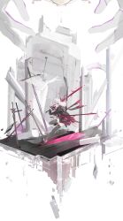 Rule 34 | 1girl, absurdres, alternate color, black jacket, black thighhighs, bridal gauntlets, broken pillar, dress, dual wielding, firefly (honkai: star rail), gradient hair, grey hair, hair between eyes, hair intakes, highres, holding, holding sword, holding weapon, honkai: star rail, honkai (series), jacket, leg up, long hair, multicolored hair, nei1122, red dress, single bridal gauntlet, solo, sword, thighhighs, weapon