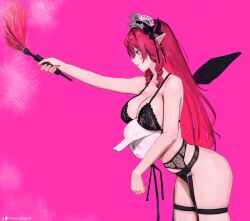 1boy 1girl absurdres areola_slip black_bow black_bra black_garter_belt black_panties bow bra breast_rest breasts breasts_on_head cleavage commentary crystal_wings drill_hair drill_sidelocks duster english_commentary erasorpepero from_side garter_belt guyrys hair_bow highres holding holding_duster hololive hololive_english horns irys_(hololive) lace lace_bra lace_panties large_breasts lingerie long_hair maid_headdress official_alternate_hairstyle outstretched_arm panties pink_background pointy_ears purple_hair sidelocks simple_background stick_figure thigh_strap underwear underwear_only very_long_hair