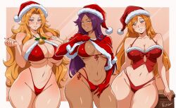 3girls artist_name bikini bleach blonde_hair breasts capelet christmas cleavage dark-skinned_female dark_skin elbow_gloves female_focus fur-trimmed_capelet fur-trimmed_headwear fur_trim gloves hat highleg highleg_bikini highres huge_breasts inoue_orihime large_breasts long_hair looking_at_viewer matsumoto_rangiku mole mole_under_mouth multi-strapped_bikini_bottom multiple_girls navel orange_hair parted_lips purple_hair red_bikini red_gloves red_hat santa_bikini santa_costume santa_hat shihouin_yoruichi side-tie_bikini_bottom signature smile swimsuit thick_thighs thighs underboob very_dark_skin vizaz wide_hips