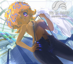 1girl absurdres black_panties black_pants black_suspenders blush breasts commission cowboy_shot day dutch_angle from_below hair_over_one_eye hand_on_own_hip hideyoshi_(swliyhbpe9xqqze) highres holding holding_shirt holding_unworn_clothes indoors large_areolae looking_at_viewer medium_breasts nintendo nipples no_bra orange_hair panties pants patterned_hair pixiv_commission purple_eyes shirt smile solo splatoon_(series) splatoon_3 stairs tao_blu_(splatoon) underwear unworn_shirt white_shirt