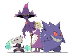 1girl agatha_(pokemon) alolan_form alolan_marowak apron black_eyes blonde_hair cane commentary dress flipped_hair gen_1_pokemon gen_2_pokemon gen_7_pokemon gengar grin highres holding holding_cane looking_at_viewer medium_hair misdreavus nintendo pokemon pokemon_(creature) pokemon_frlg psaber97 purple_dress purple_shoes shoes smile smirk socks standing teeth waist_apron white_apron white_background