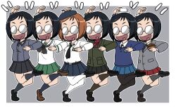 6+girls anzio_school_uniform belt belt_buckle beret black_belt black_hair black_hat black_neckerchief black_necktie black_pantyhose black_shoes black_skirt black_socks blazer blue_skirt blue_sweater brown_hair brown_shoes brown_socks buckle burger collared_shirt cup cup_on_head dancing emblem food girls_und_panzer glasses green_jacket green_skirt grey_background grey_jacket grey_shirt grey_socks hat holding holding_burger holding_food jacket katsuya_megu kuromorimine_school_uniform miniskirt multiple_girls multiple_persona neckerchief necktie ooarai_school_uniform open_mouth palette_swap pantyhose pleated_skirt pravda_school_uniform red_shirt red_skirt round_eyewear saunders_school_uniform school_uniform serafuku shirt shoes short_hair simple_background skirt smile socks st._gloriana&#039;s_(emblem) st._gloriana&#039;s_school_uniform standing standing_on_one_leg sweater takahashi_kurage teacup tongue tray white_pantyhose white_serafuku white_shirt wing_collar