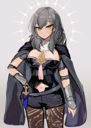 1girl absurdres armor black_armor breasts brown_pantyhose cape closed_mouth clothing_cutout cosplay cowboy_shot dagger female_byleth_(fire_emblem) female_byleth_(fire_emblem)_(cosplay) fire_emblem fire_emblem:_three_houses grey_background grey_cape grey_hair highres honkai:_star_rail honkai_(series) kaguya_(kaguyafae) knife medium_breasts navel navel_cutout nintendo pantyhose pantyhose_under_shorts patterned_legwear print_pantyhose shorts simple_background solo standing stelle_(honkai:_star_rail) trailblazer_(honkai:_star_rail) weapon yellow_eyes