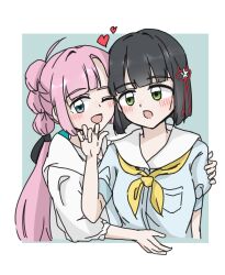 2girls :o ;d anyoji_hime aqua_background black_hair black_ribbon blue_dress blue_eyes blunt_bangs blunt_ends bob_cut border breast_pocket commentary dress flower flower_knot green_eyes hair_flower hair_ornament hair_ribbon hand_on_another&#039;s_arm hasu_no_sora_school_uniform heart highres hood hooded_jacket jacket link!_like!_love_live! long_hair love_live! mihasu_ll momose_ginko multi-tied_hair multiple_girls neckerchief one_eye_closed open_clothes open_jacket open_mouth outside_border pink_hair pocket ponytail puffy_short_sleeves puffy_sleeves ribbon sailor_collar sailor_dress school_uniform short_hair short_sleeves simple_background smile summer_uniform three-quarter_sleeves virtual_youtuber white_border white_flower white_jacket white_sailor_collar yellow_neckerchief