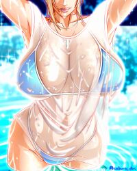absurdres bikini blonde_hair blue_bikini breasts highres huge_breasts jewelry naruto_(series) necklace saburo_des shirt smile swimsuit thick_thighs thighs tsunade_(naruto) twitter_username water wet wet_clothes wet_shirt white_shirt wide_hips